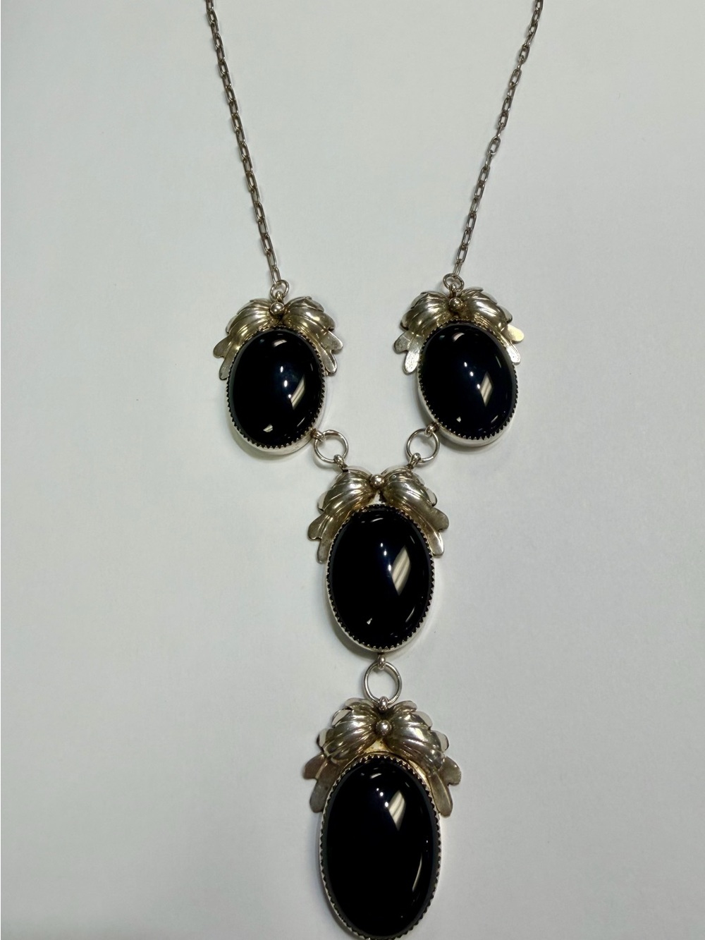 Sterling Silver Navajo Signed NS Black Onyx Statement Necklace